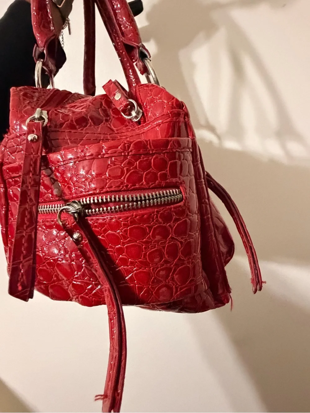 Bueno Red Croc-Embossed Double Pocket Shoulder Bag